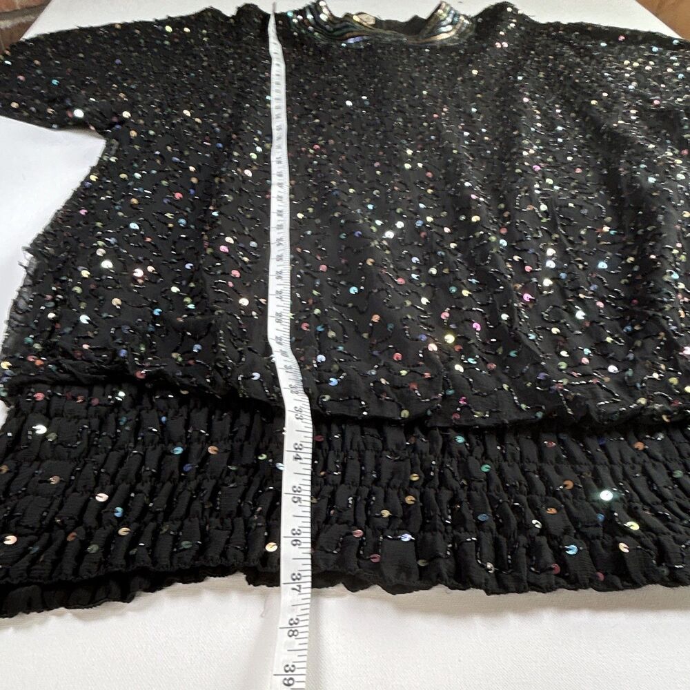 Vintage Silk Judith Ann Creations Black Multi Sequin Beaded Knee Length Dress L - Picture 7 of 13